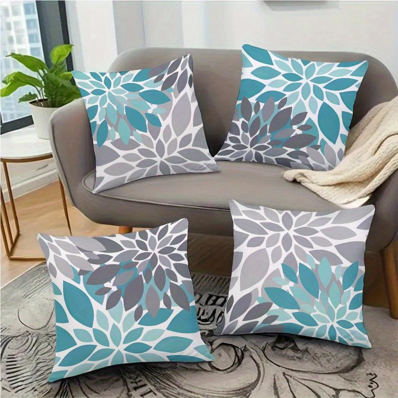 4-piece Blue-Gray Geometric Floral Print Pillowcases, Soft and Durable Polyester Fabric with Zipper Closure, Suitable for Sofa