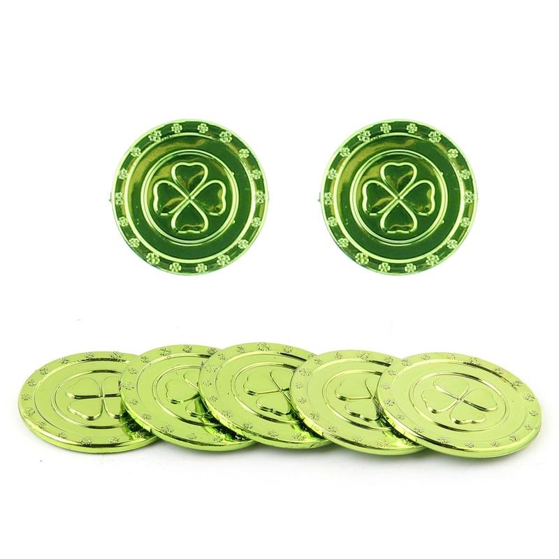 100 шт. Пластиковые Золотые Монеты Детские Золотые Монеты Игрушка Счастливый Четырехлистный Клевер Монеты Забавные Игровые Игрушки для Детей Вечеринка зелёный