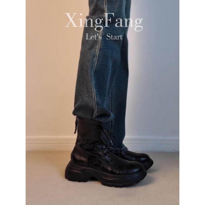 Cowhide version~ retro leather thick-soled Martin boots for women's autumn and winter new lace-up height-increasing thin boots short boots