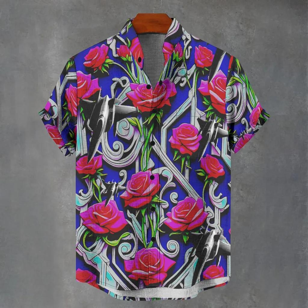 3D digital printing image of linen short sleeved shirt, designed for men's party atmosphere, casual style, retro men's shirt