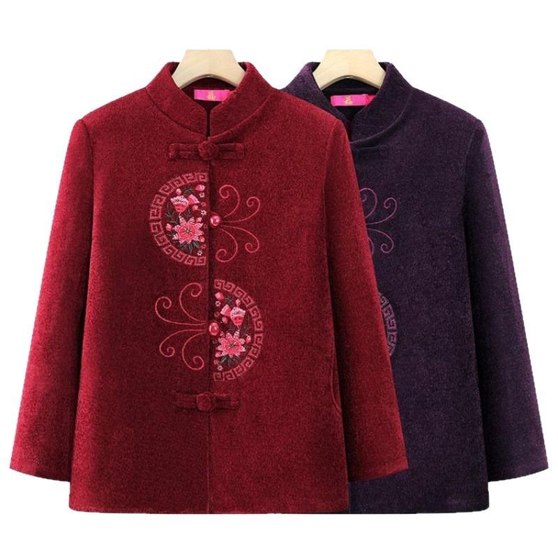 Grandma autumn and winter coat fleece thickened medium elderly grandmother clothes female plus size old lady Tang suit top