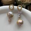 Wheat ears round flower earrings stud earrings retro natural pearl earrings baroque irregular crumple champagne pearl silver needle