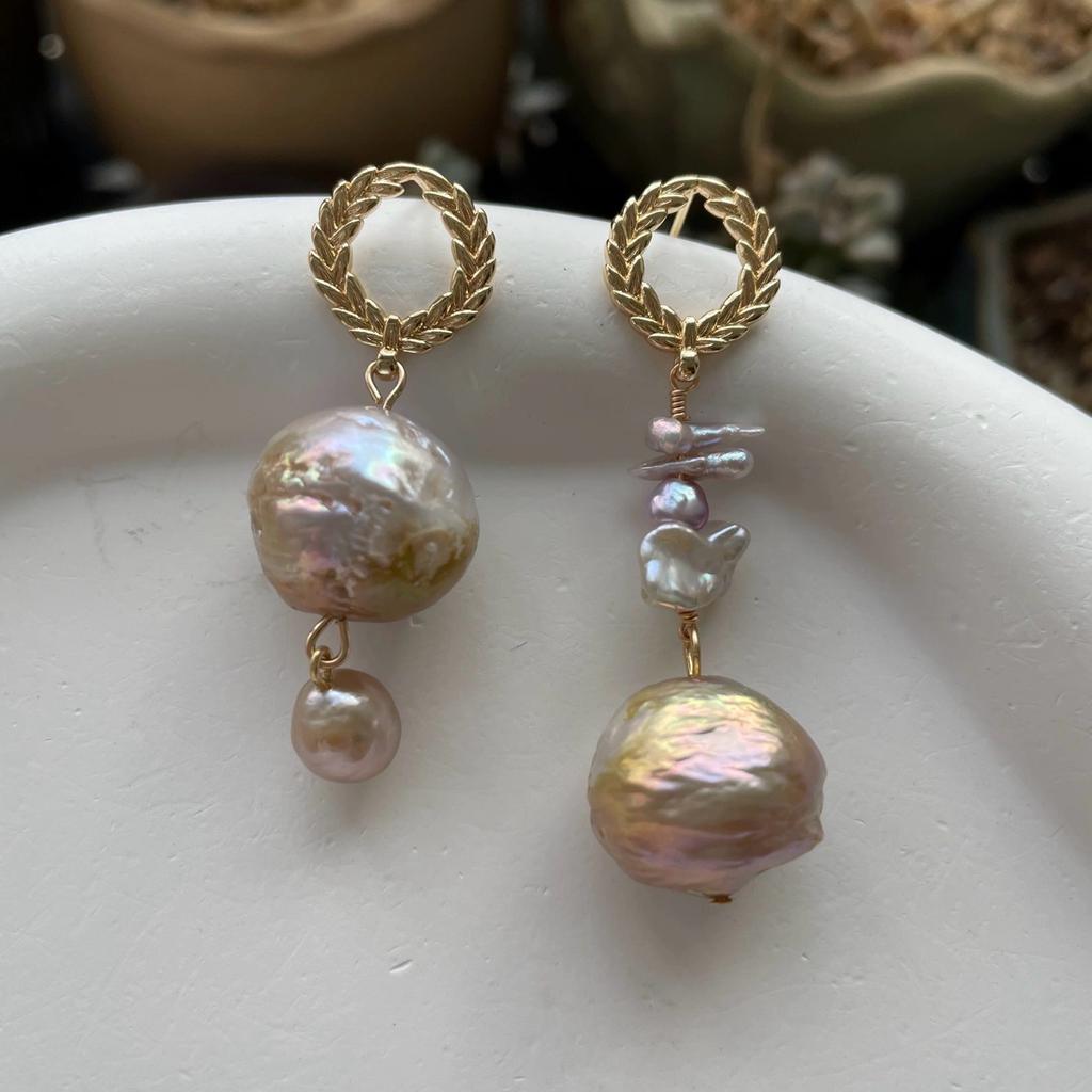 Wheat ears round flower earrings stud earrings retro natural pearl earrings baroque irregular crumple champagne pearl silver needle