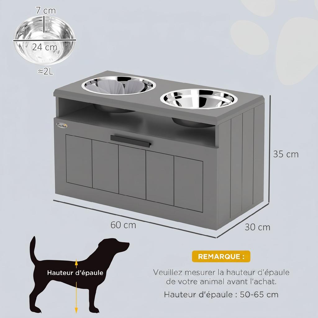 Elevated Dog Bowl, Slow Feeder, Stainless Steel, Storage Drawer, 60 x 30 x 35 cm, Grey