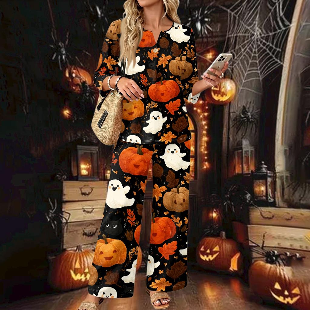 Women's Casual Printed 3/4 Sleeve Button Down Top and Wide Leg Pants 2 Piece Set
