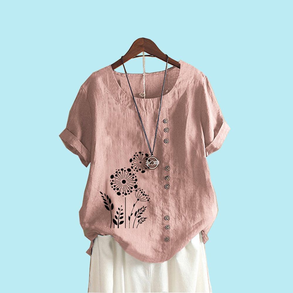 Floral Print Blouses for Women Summer Fashion Short Sleeve T-shirt Ladies Casua Round Collar Loose Plus Size Shirt