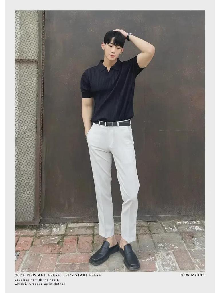 2023 Men's Summer Striped V-Neck Ice Silk Polo Shirt - Short Sleeve, Thin Knit Fashion Top