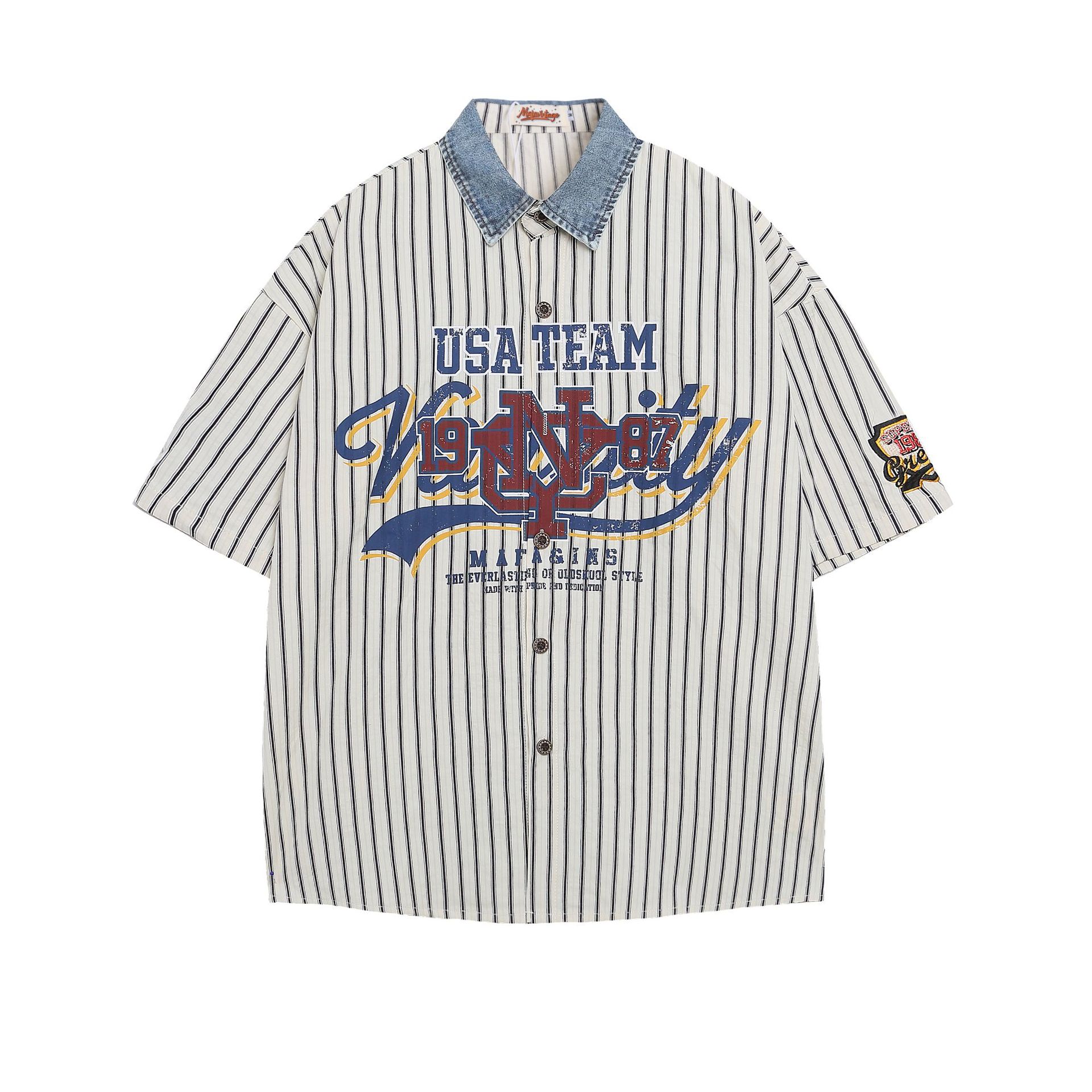 Men s summer shirt American trendy brand striped baseball shirt short sleeve loose men M