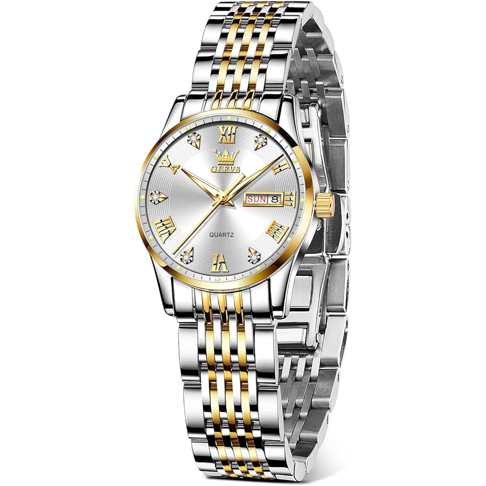 OLEVS Women s Analog Quartz Watch Waterproof Luminous Gold White Stainless Steel Band Fashion Timepiece