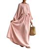 Women Beige Long Sleeve Plunge Neck Tie Waist Maxi Dress Casual Loose Cover Up