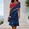 Women Plus Size Round Neck Short Sleeve Star Printed A Line Dress Red White Blue