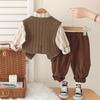 Kinder Langarm Set Frühling und Herbst Koreanische Edition Krawatte Gestreiftes Hemd Gestricktes Tanktop Weste Jungen Freizeit Leggings 3-teiliges Set