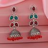 Estele Rhodium Plated Oxidised Gorgeous Jhumka Earrings with Red & Green Enamel for Women