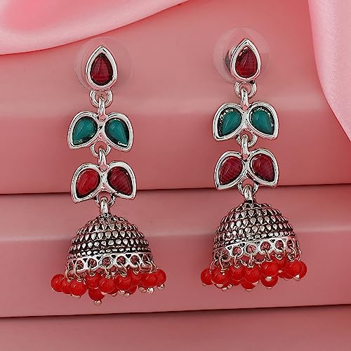 Estele Rhodium Plated Oxidised Gorgeous Jhumka Earrings with Red & Green Enamel for Women