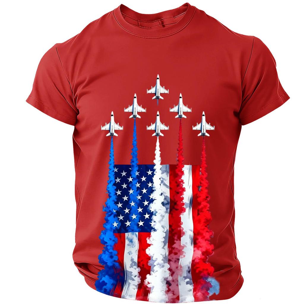Herren T-Shirt mit kurzen Ärmeln und Rundhalsausschnitt mit Flaggen- und Düsenflugzeug-Grafikdruck, lässige Passform, Oberteil für den Alltag