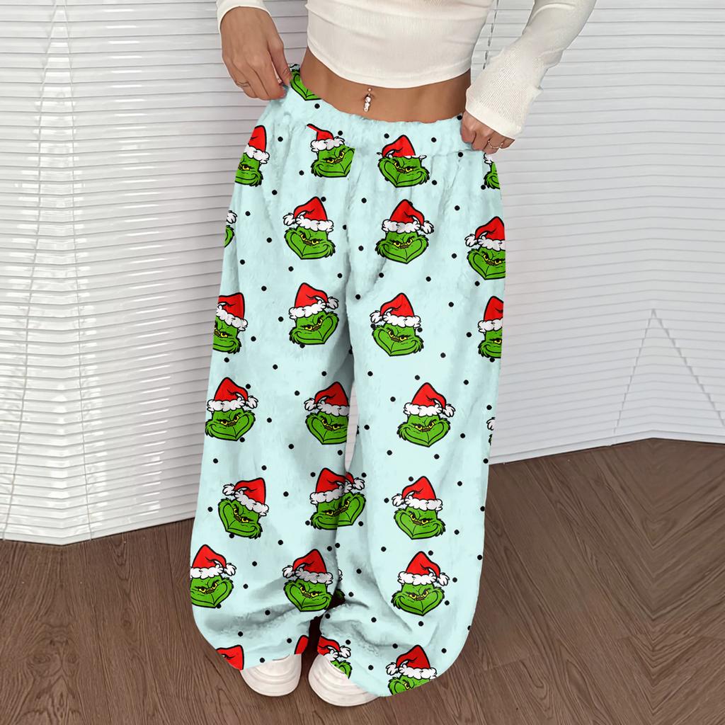 Women's Casual Christmas Print Elastic Waist Loose Fit With Plush Wide Leg Pants