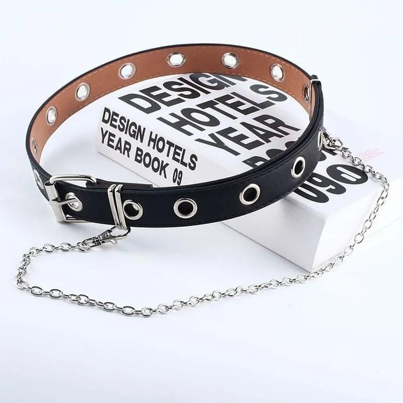 

Women Punk Chain Fashion Belt Adjustable Double/Single Row Hole Eyelet Waistband with Eyelet Chain Decorative Belts 110cm