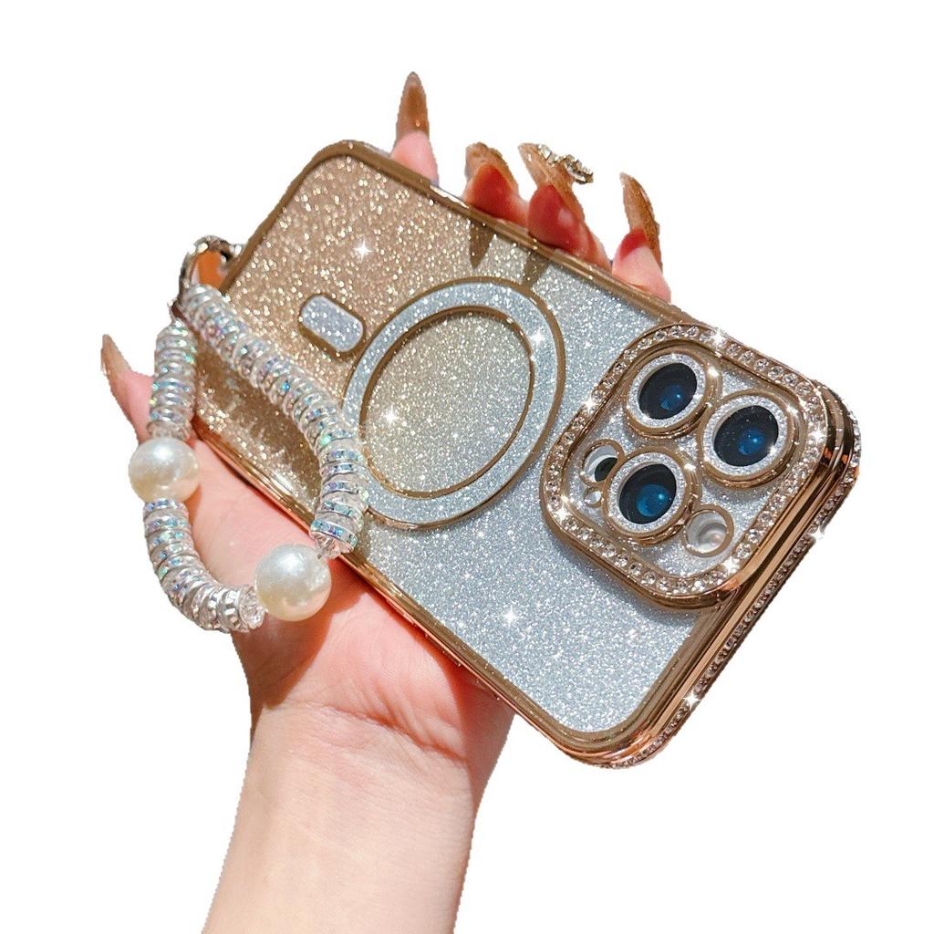 Custodia per cellulare magnetica con glitter forata lateralmente per Xiaomi 14T PRO braccialetto di perle Pellicola per lente NOTE14PRO custodia morbida