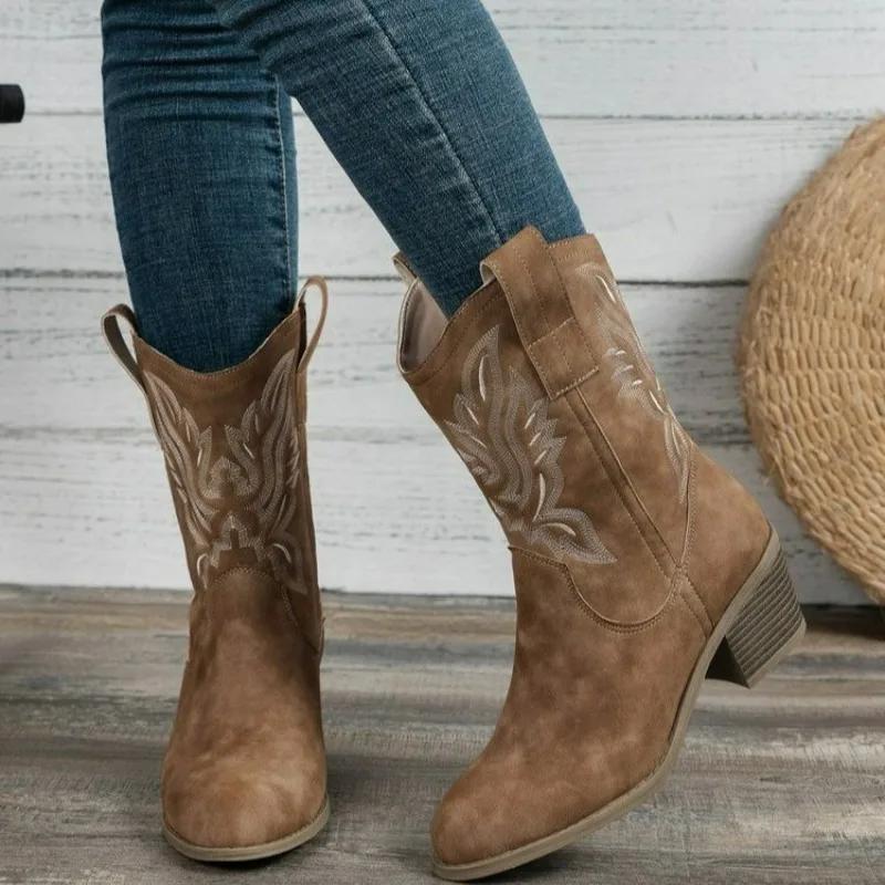 Autumn/Winter New V-neck Embroidered Sleeve Thick Heel Knight Boots Retro Mid Barrel Pointed Western Cowboy Boots