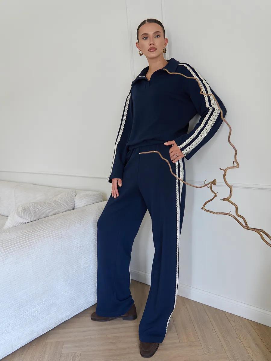 Women s Casual Lace Trim Fold Collar Long Sleeve Pants Set for Spring/Autumn S синий