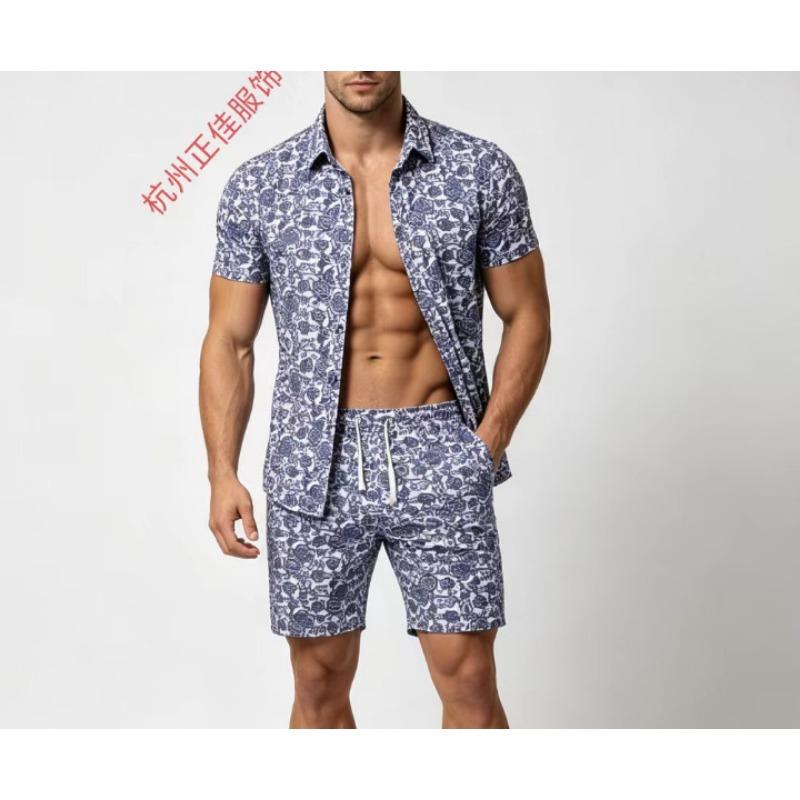 Herren Hemd mit Paisley-Print, kurzärmlig, und Shorts Set