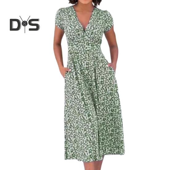 

Платье миди в стиле бохо с V-образным вырезом, короткими рукавами, высокой талией, женским платьем с карманами, струящимся подолом, платье А-силуэта M зелёный