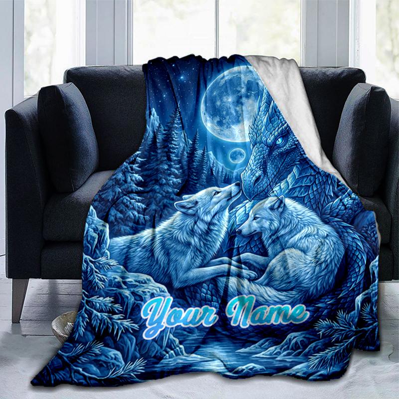 1PC Custom Name "Dragon Wolves Moon" blanket versatile,all-season throw suitable for the living room,bedroom,camping,travel,and gift