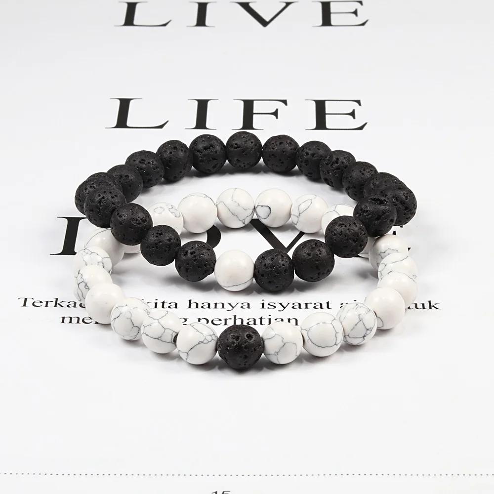 Hot 2pcs/Set Couples Distance Braid Bracelets Natural Stone White And Black Ying Yang Beads Bracelet Best Friend Strand Jewelry