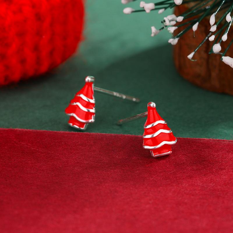 Fashiona And Personality Red Christmas Tree 925 Sterling Silver Temperament Simple Compact Earrings E008