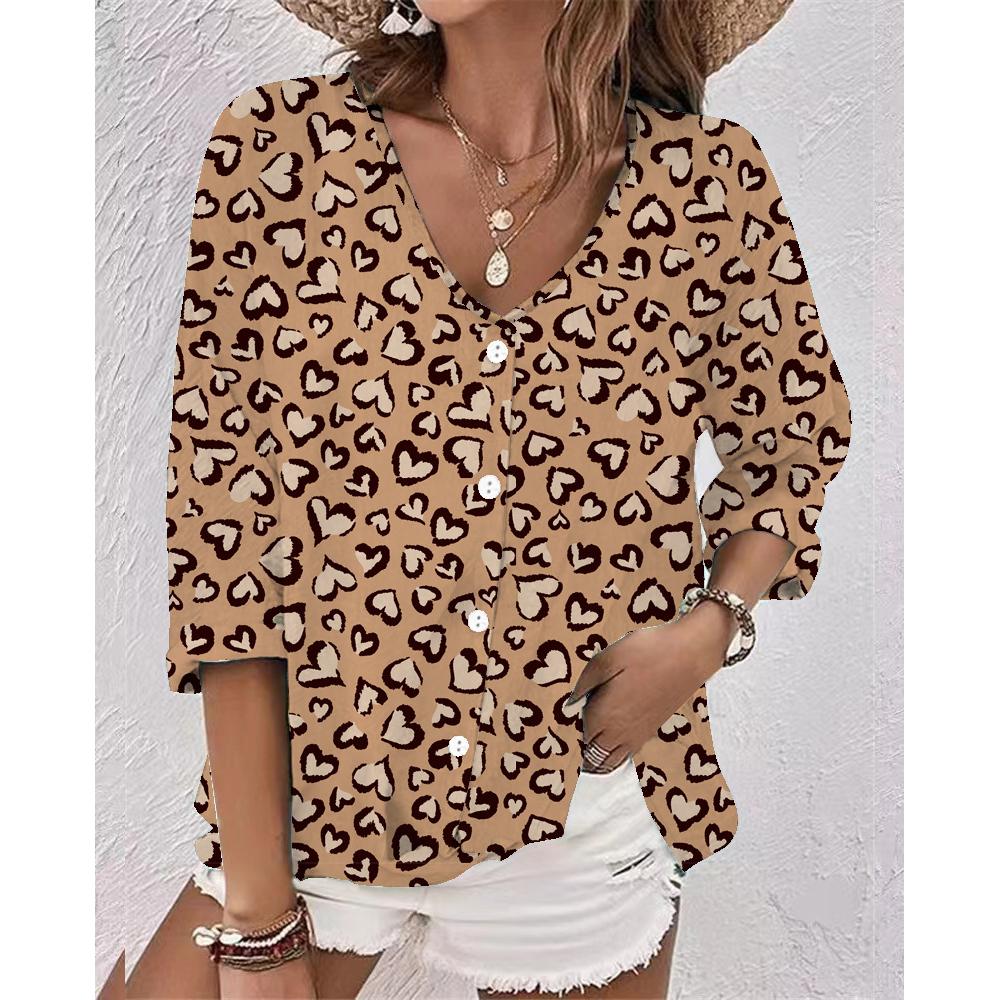 Fashion Women's Spring and Autumn Shirt Long-sleeved V-neck Loose Casual Printed Cardigan Long-sleeved Top