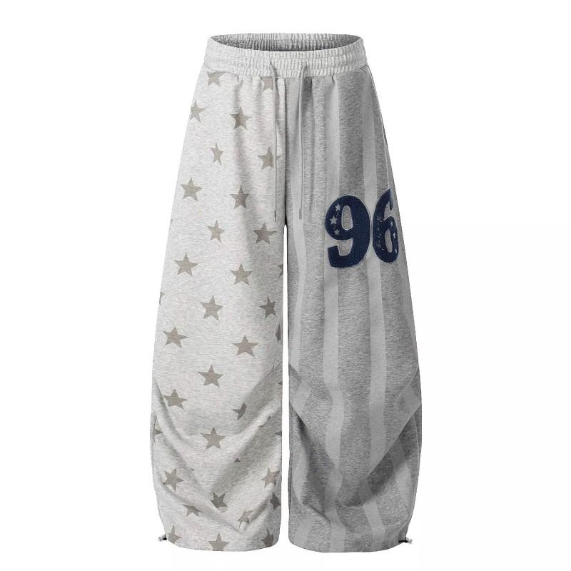 Unisex Loose Fit Streetwear Cargo Pants With Star Stripe Print Gray Wide Leg Trousers Dance Casual Wear