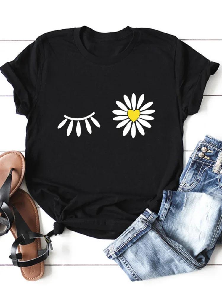 Daisy Flower Print Women T Shirt Short Sleeve O Neck Loose Women Tshirt Ladies Tee Shirt Tops Camisetas Mujer