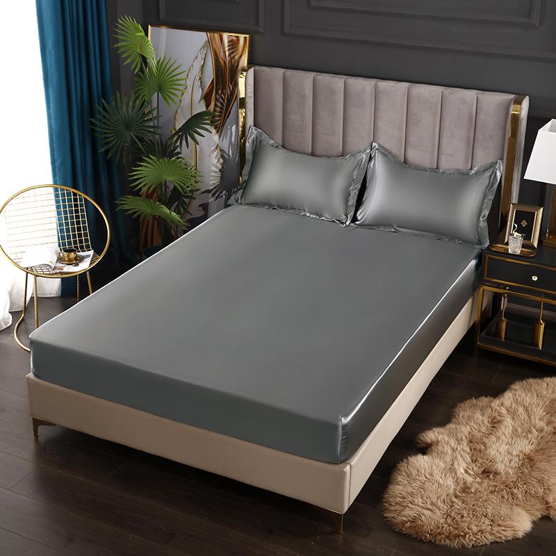 Ice Silk Satin Bed Sheets: Solid Color Three-Piece Set – Imitation Silk Mattress Protector.