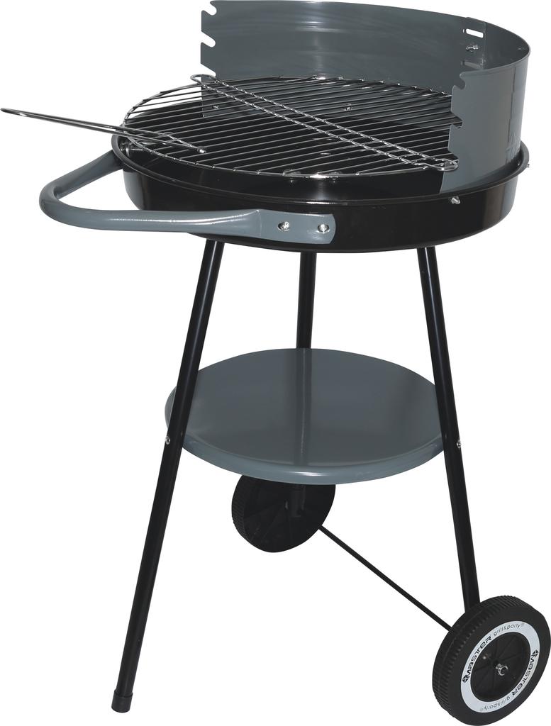 Runder Kohle-Gartengrill mit einem rollbaren Regal