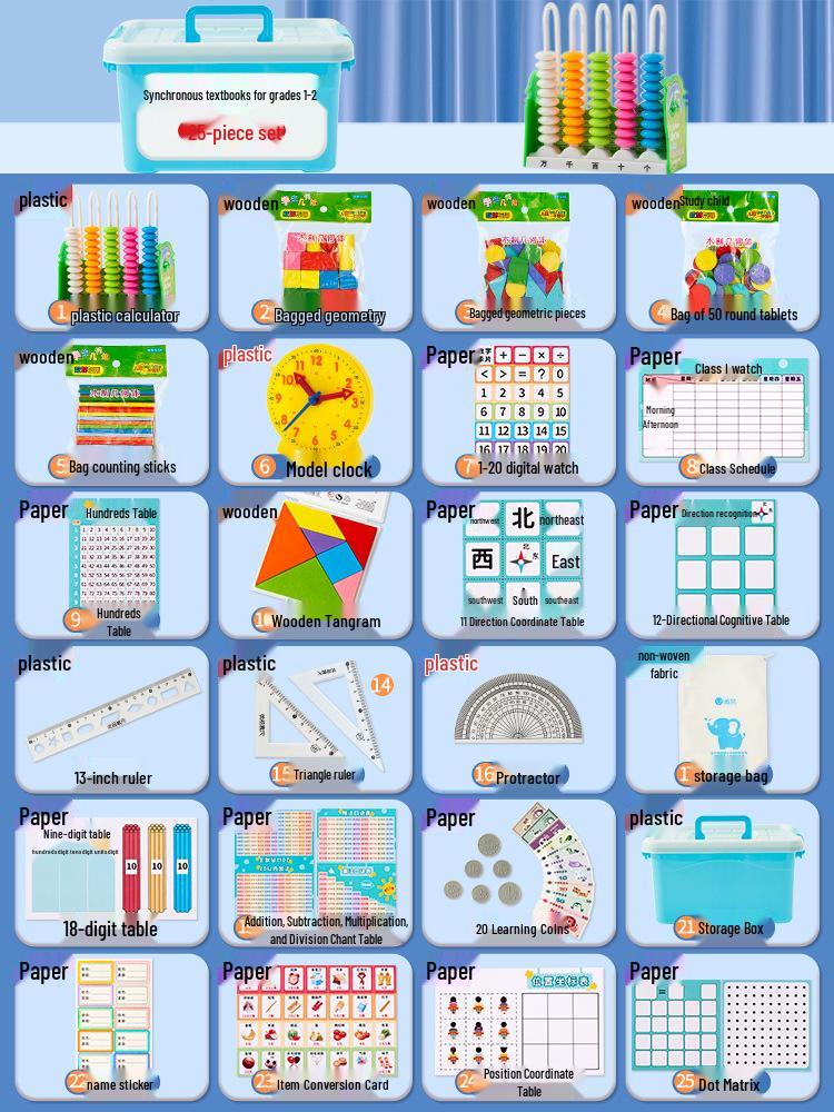 First Grade Math Teaching Aid Set with 3D Geometric Figures and Arithmetic Tools