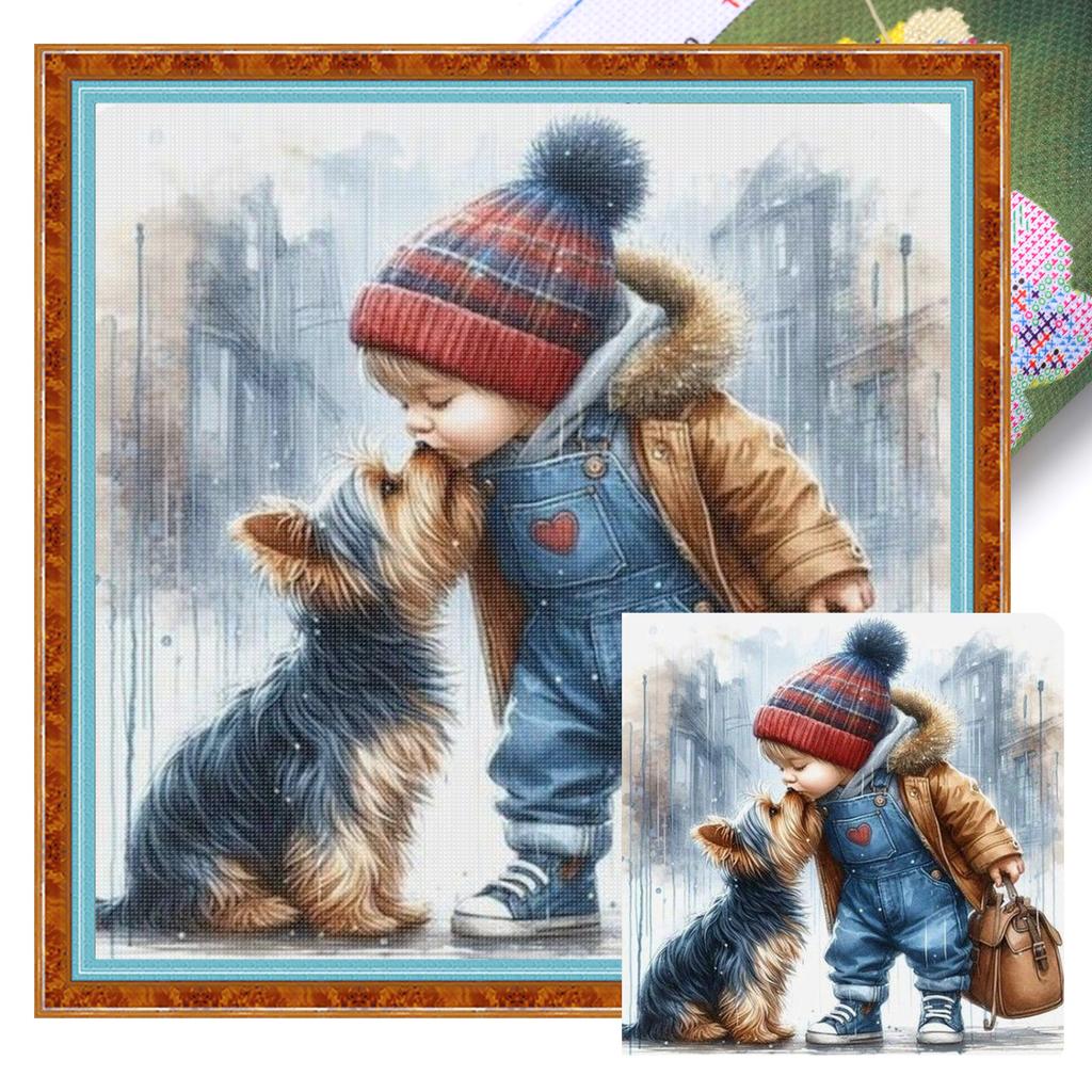 Boy with Puppy Full 11CT 3 Strands DIY Counted Cross Stitch Kits 15.75x15.75inch Needlework Embroidery Kit for Adults Home Decor