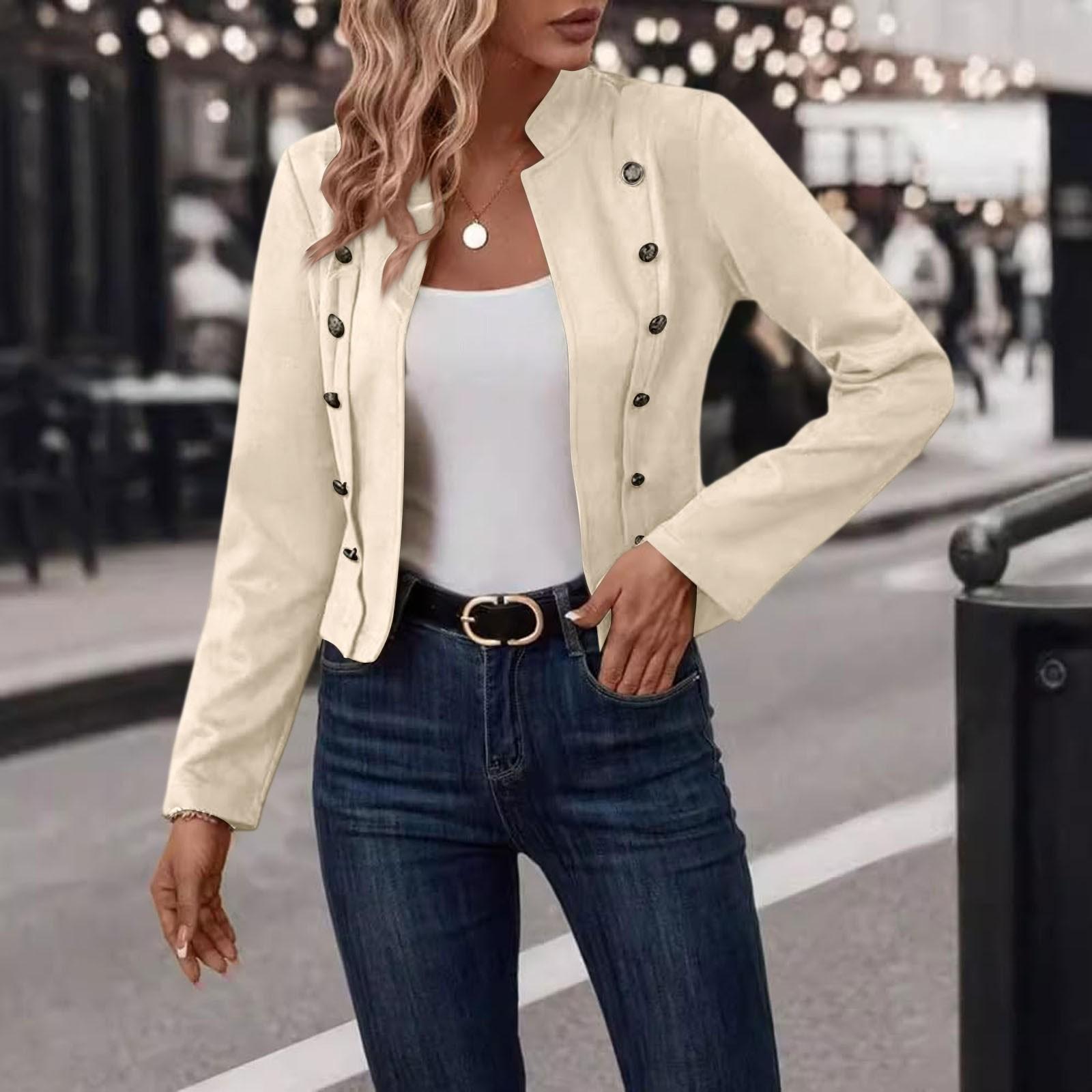 

Women s Casual Business Long Sleeve Front Opening Slim Fit Cropped Jacket L бежевий