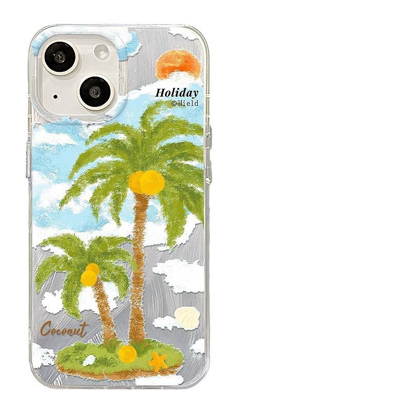 Applicable To Apple 15 Mobile Phone Case Iphone14pro Oil Painting Coconut Tree Invisible Bracket 13 Feather Yarn 12 Summer 7/8