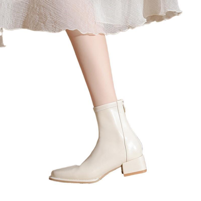 Leather thick heel high heel boots women's autumn and winter velvet new thin boots with skirt white short boots
