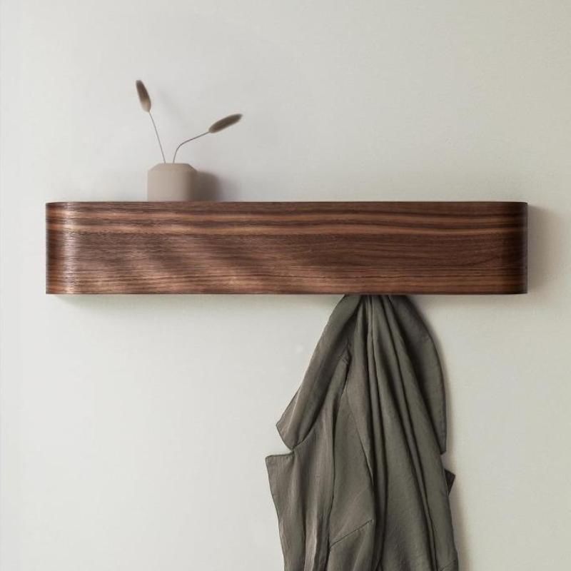 Wall Mounted Coat Rack, Modern Design Coat Rack with Hidden Wall Hooks - Solid Wood Veneer Panel Coat Hanger Walnut,1pc