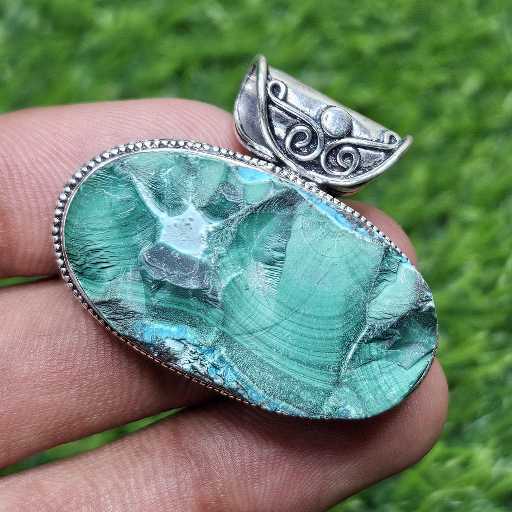 

Подвеска из натурального хризоколлового друзы, серебряная подвеска 925 пробы, подвеска из драгоценного камня, серебряная подвеска для женщин зелёный