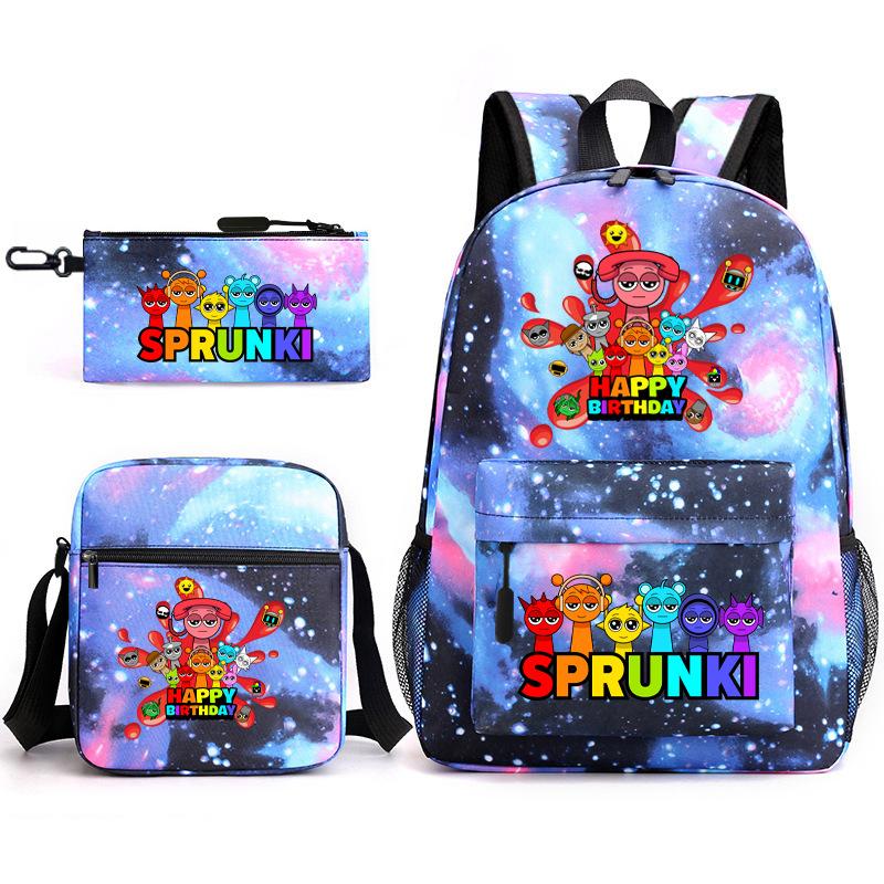 Sprunki Student Starry Sky School Bag Three-piece Rhythm Box Teen Backpack Men's and Women's Casual L
