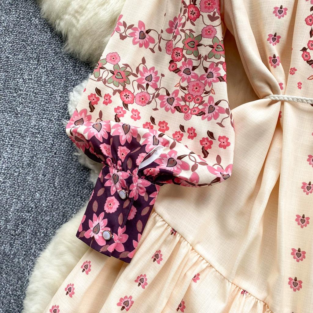 Spring Autumn Women Lantern Sleeve Print Single Breasted Loose Holiday Beach Party Long Maxi Dresses with Belt