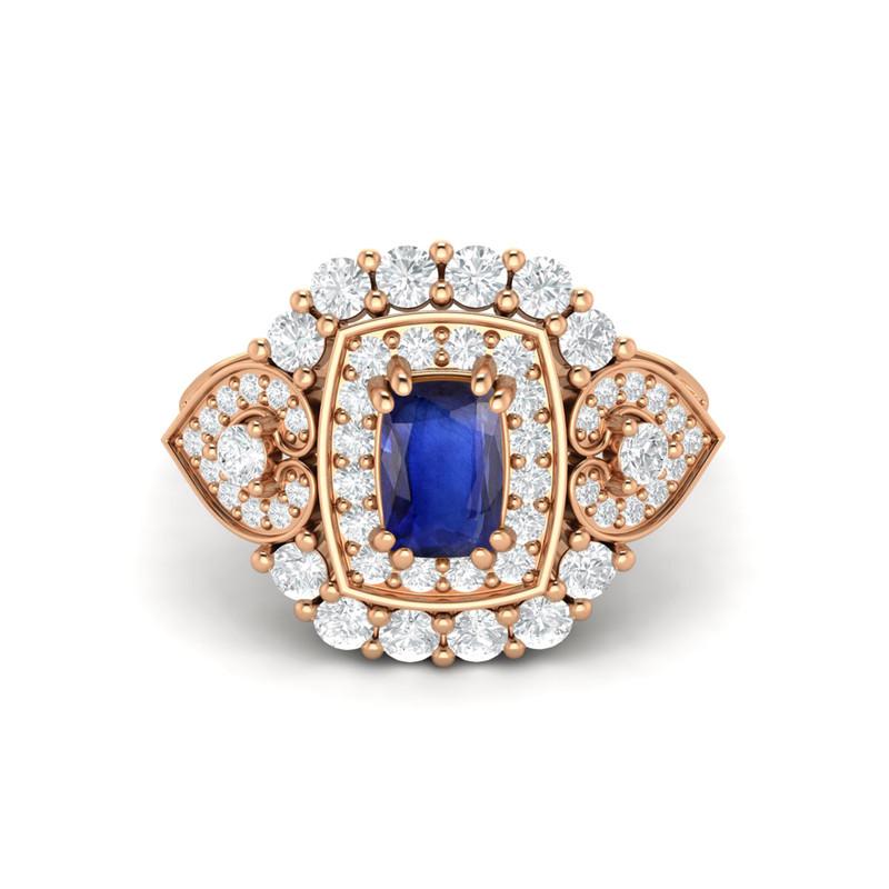 6X4MM Cushion Blue Sapphire Gemstone 925 Sterling Silver Rose Plated Solitaire Halo Women Engagement Ring