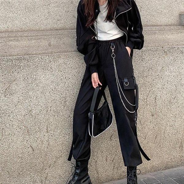Women's Gothic Fashion High Waist Elastic Waist Overalls Punk Chain Hip Hop Pants Casual Street Tech Wear Plus Size S-4XL
