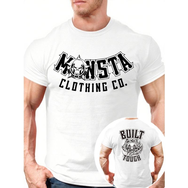 European Sizes Men's Monsta Skull & Bold White Lettering T-Shirt -  Breathable Black Casual Streetwear Tee, Short Sleeve Round Neck Top for Gym
