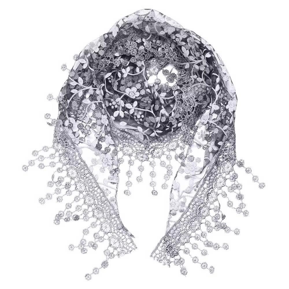 Breathable Floral Lace Shawls Embroidered Elegant Lace Flower Spanish Lace Mantill Thin Tassel Lace Triangle Scarf Church Wear