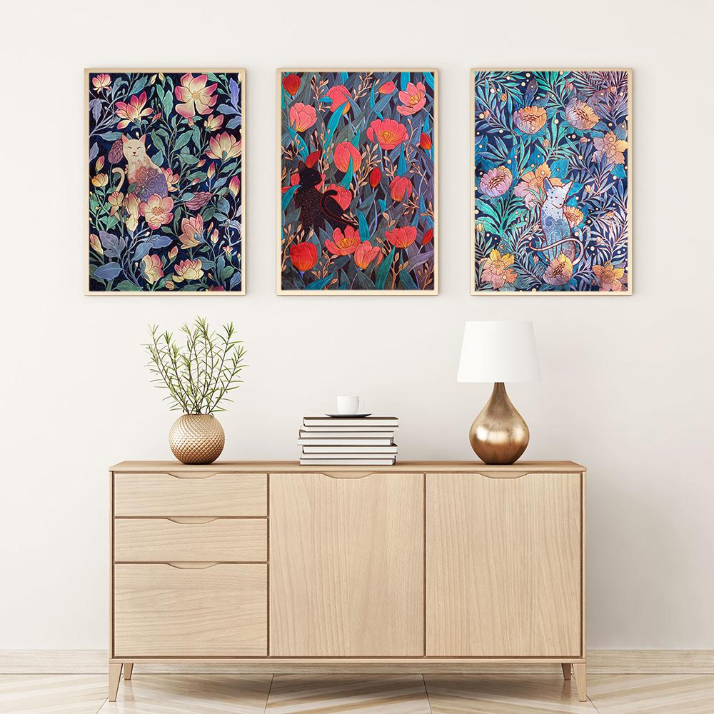 Vintage Cat Cartoon Animal Flower Plant Nordic Poster Wall Art Canvas Painting Wall Pictures For Living Room Home Decor Unframed