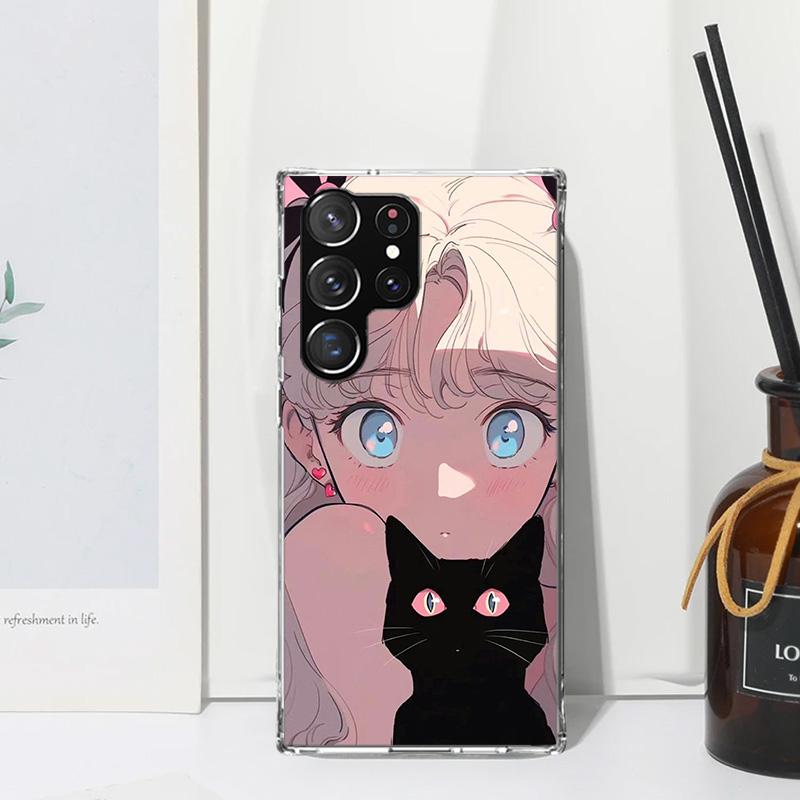 Anime Girls Cute Black Cat Phone Case For Samsung Galaxy S26 S25 Edge S24 FE S23 S22 Ultra S21 Plus S20 + Art Fundas Back Cover