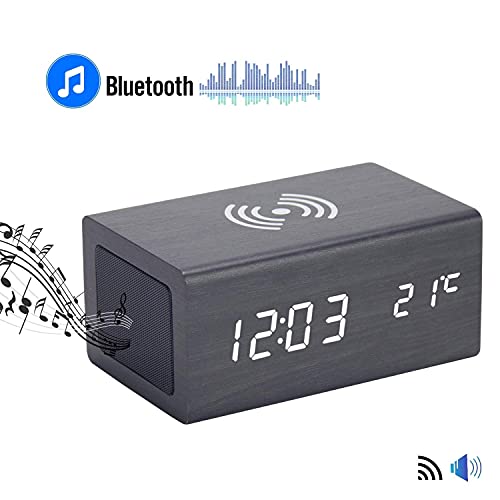 WOOD SHOW Wecker mit Lautsprecher, Stilvolle Tischuhr, Digitaluhr, Schreibtischuhr, Smartphone-Ladefunktion, Lautsprecher, Holzmaserung-Design, Multi-Fu
